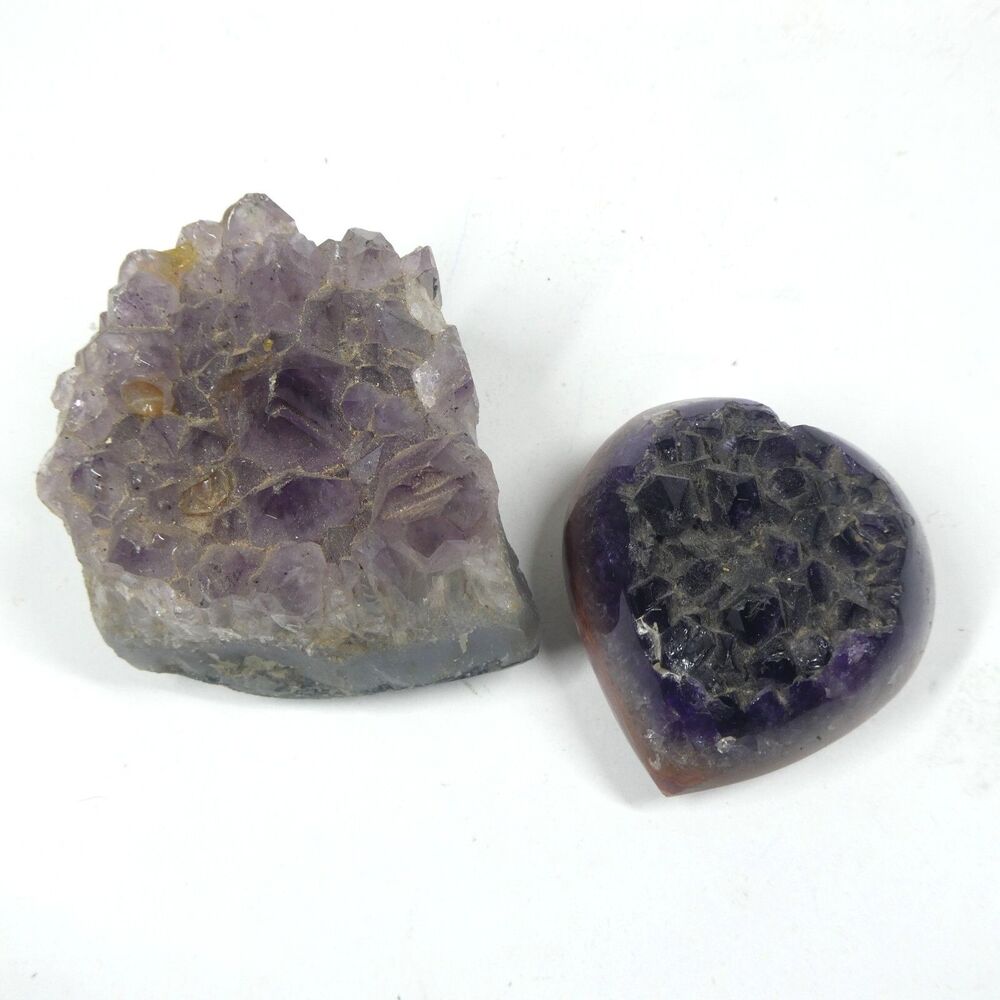 2 Amethyst Quartz Crystal Clusters Natural & Heart Shaped